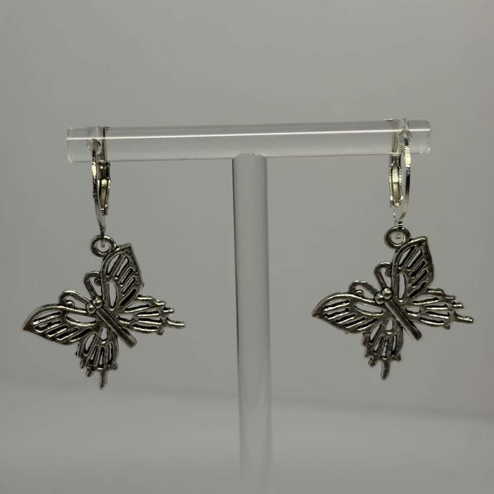 Stainless Steel Silver Tone Butterfly Leverback Dangle Earrings Nature Jewelry